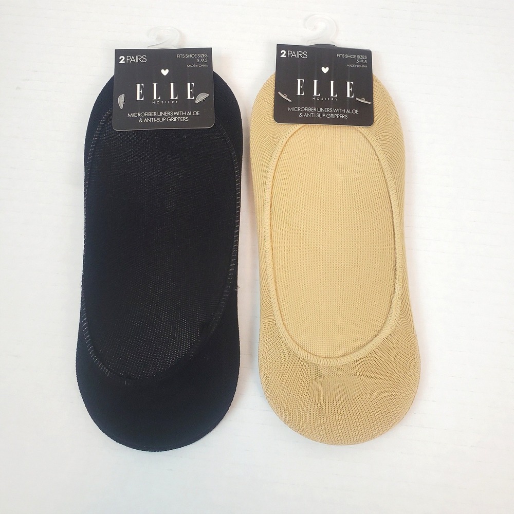Elle Hosiery Microfiber Liners Womens 5-9.5 Black Nude Aloe Anti-Slip 4 Pairs